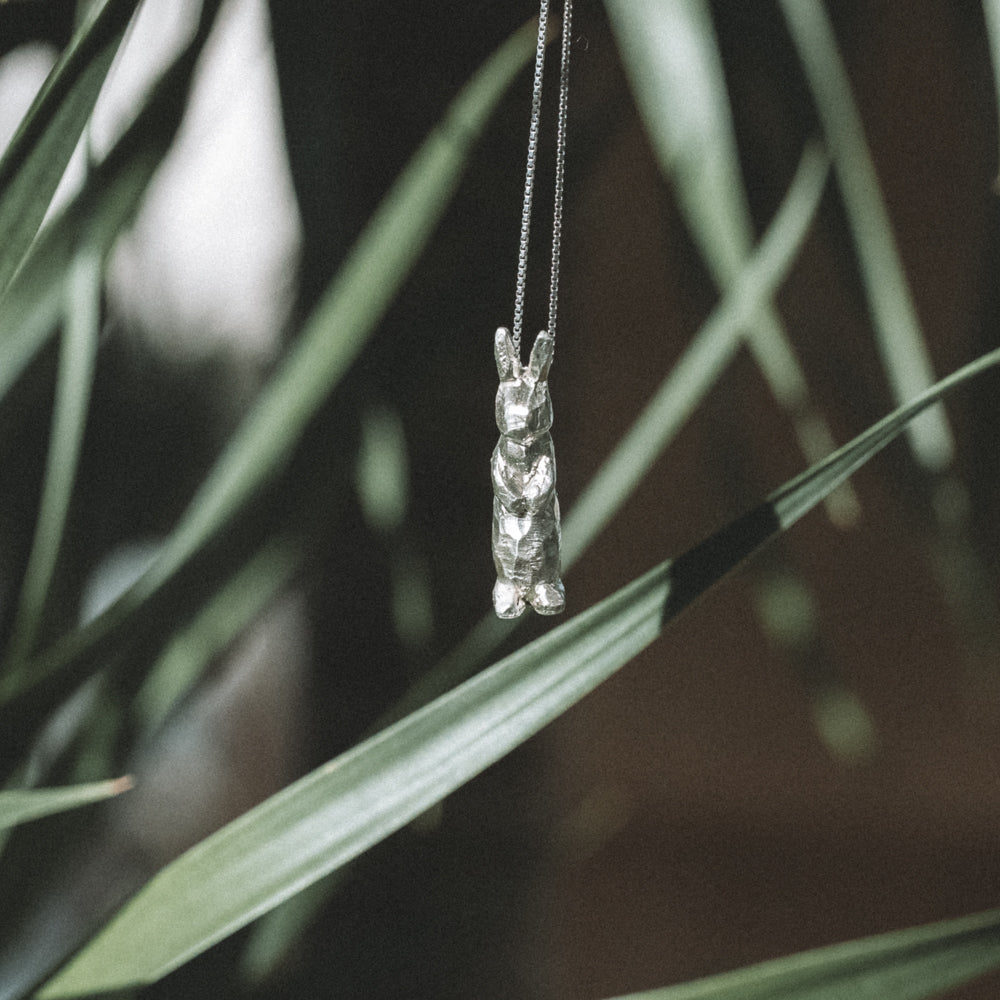 Minimalist Sterling Silver Necklace with Carved Standing Rabbit Pendant - Fun & Unique Style
