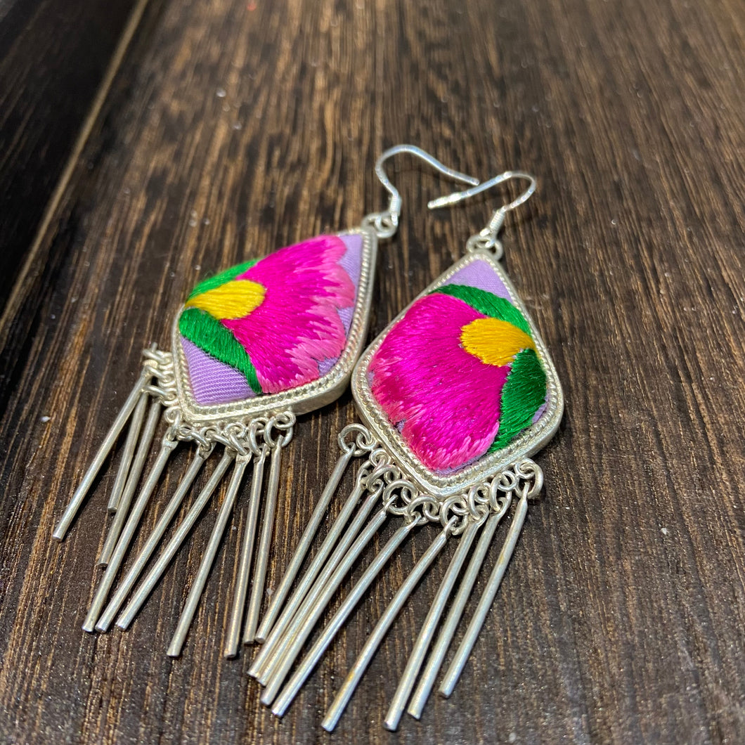 Exclusive Vintage Embroidery earrings Unique Handcrafted Miao Ethnic Embroidered Silver Earrings - One-of-a-Kind